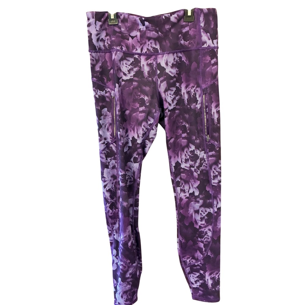 Athleta Rainier Printed Tight Women Large Tall Purple Excellent Floral Zipper